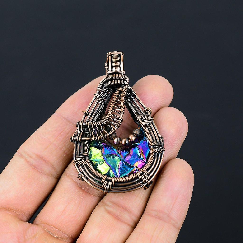 Titanium Moon Druzy Gemstone Pure Copper Wire Wrapped Handmade Pendant Jewelry