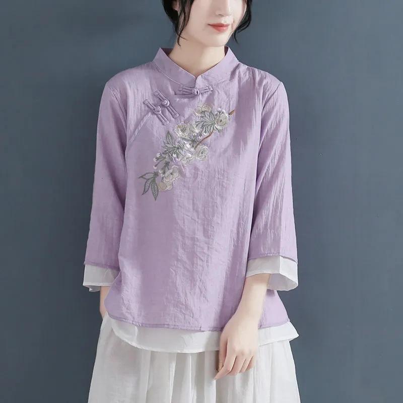 Women's Chinese Style Linen Blouse Floral Embroidery Mandarin Collar 3/4 Sleeve Casual Top
