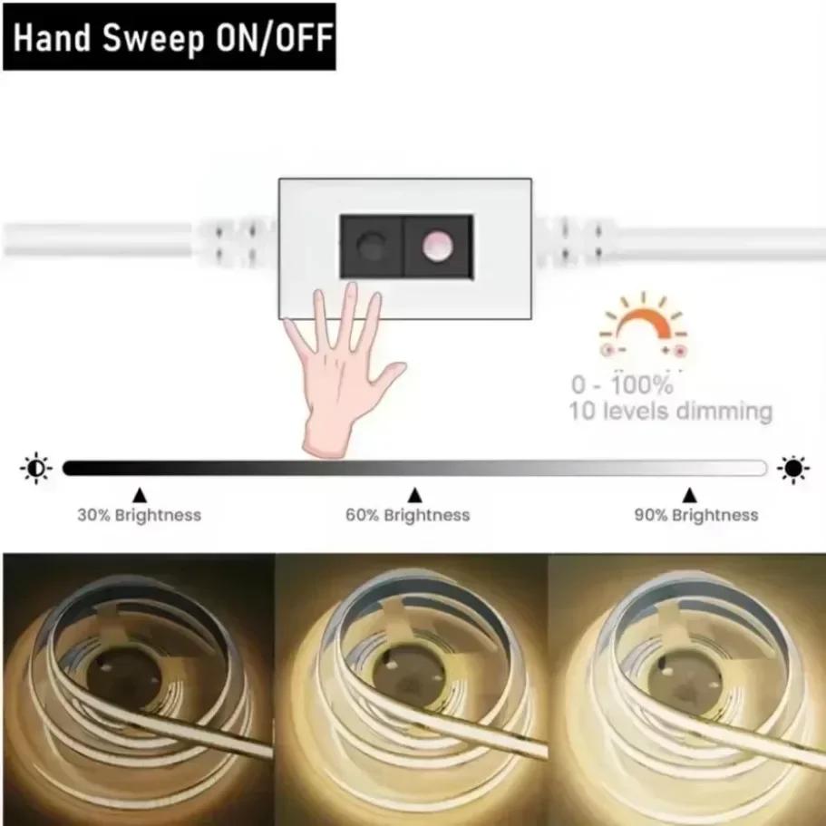 Super Jasne USB DC 5V COB Taśma LED 1m 2m 3m 4m 5m Z Czujnikiem Machania Ręką/ Ściemnianym Przełącznikiem Dotykowym/ Przełącznikiem Wciskowym 320LEDs/m