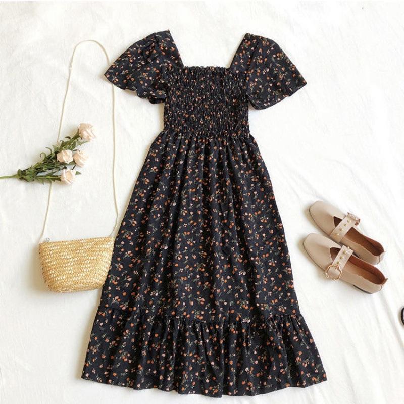 Moda Estiva Abito Casual a Maniche Corte da Donna Vita Elastica Stampato Floreale A-line Abito Midi Abito in Chiffon da Donna