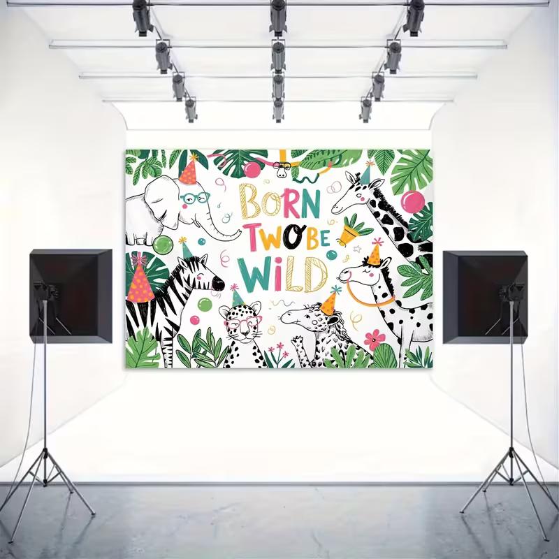 2D Jungle Themed 2nd Birthday Backdrop Cloth for Photo Booth & Decor