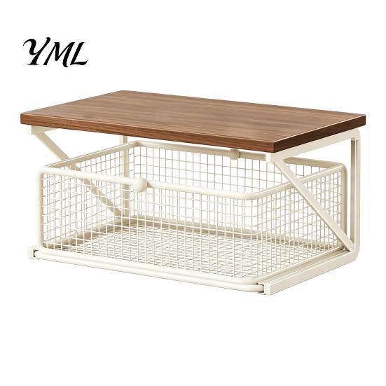 Small Desktop Furniture Coffee Station Organizer with Drawer, Tiered Bar Organizer, Wooden Top Shelf, Wire Mesh Drawers for Tea Bags, Capsules, Office
