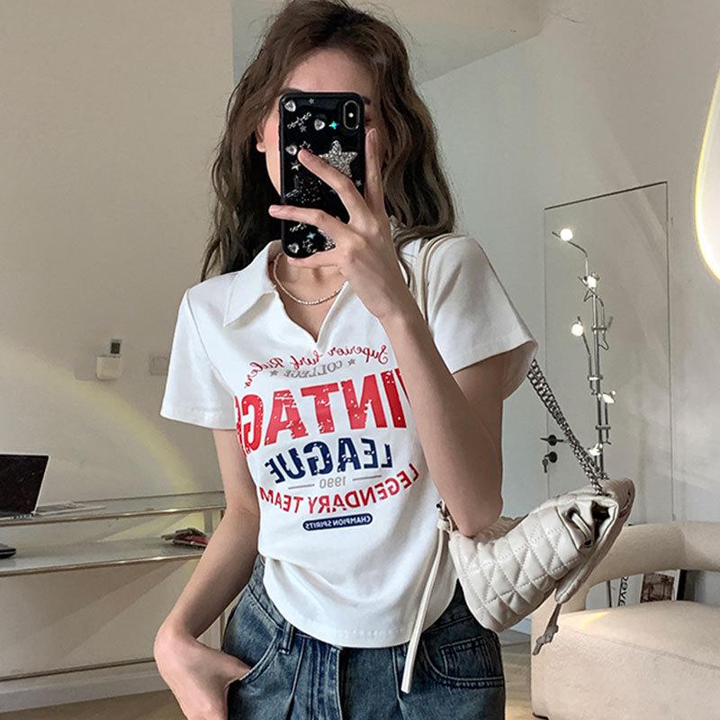 

2025 Women s Summer V-neck Waist-Cinching Slim Polo Shirt - Trendy Short Sleeve Top 2XL [Recommended for 60-65 kg]