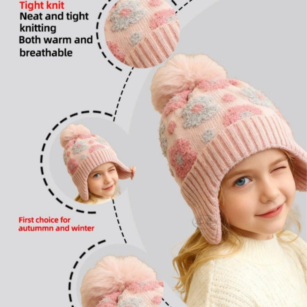 Winter Flower Ear Protector Hat Kids Warm Pompom Knitted Hats Toddler Bonnet  Children's Outdoor
