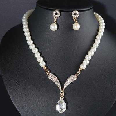 Takı Seti İnci Küpeler Gelin Aksesuarları Yapay Elmas Kolye Moda Geniş 2 Parça Set Alaşım