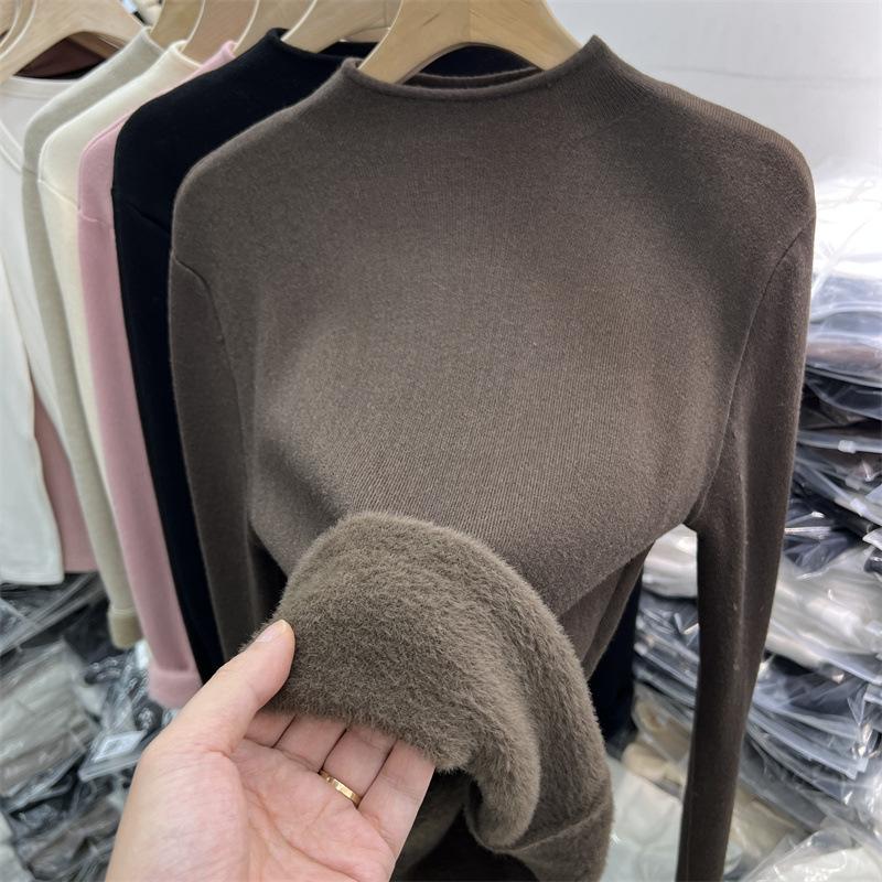 Thickened warm integrated fleece semi-turtleneck knitted sweater women's spring soft waxy inner bottoming shirt solid color top