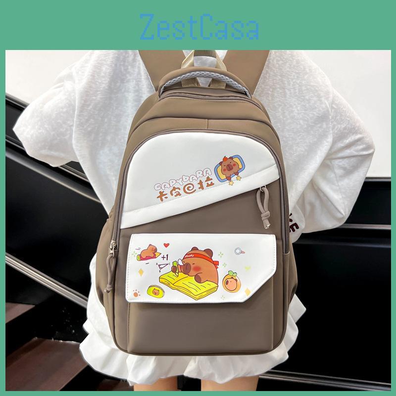 Capybara Cartoon Pattern Nylon Backpack With Striped Stitching For Travel School