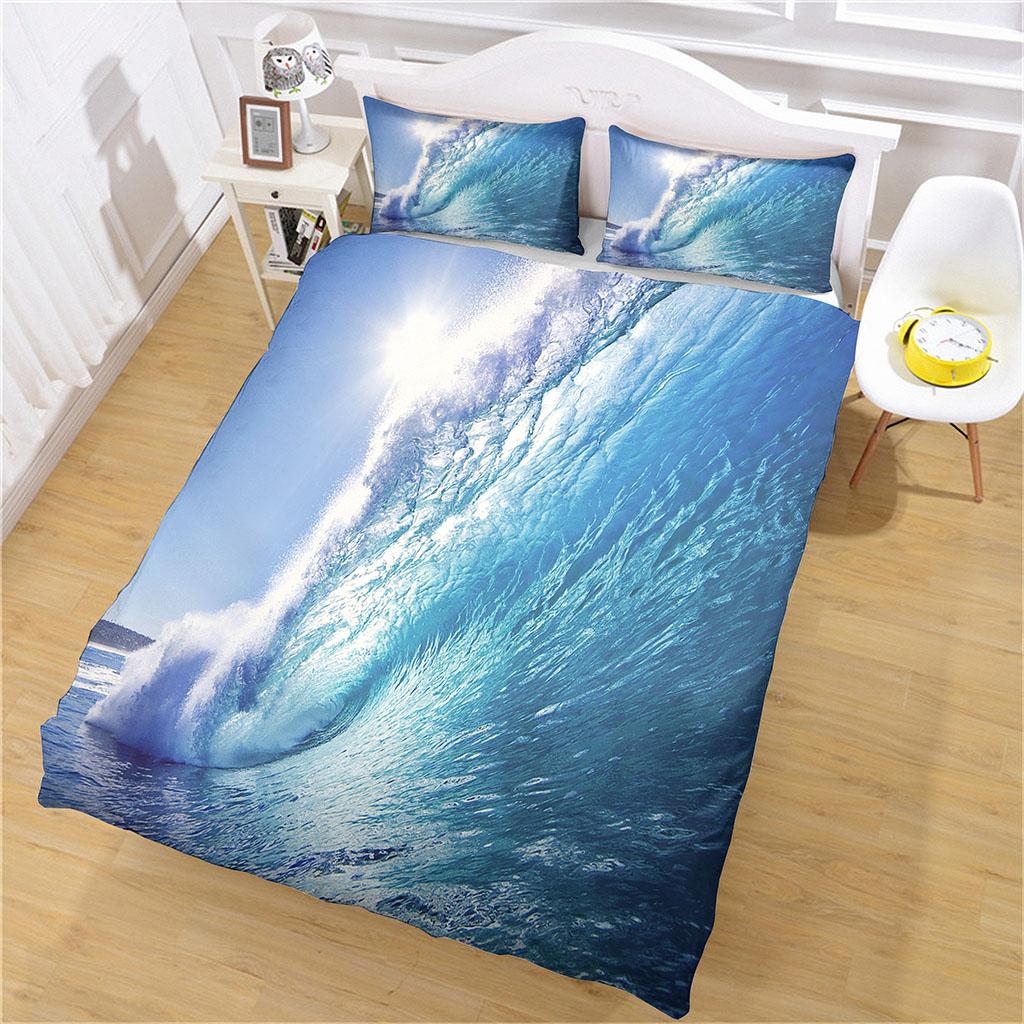 Duvet Cover 1 Person Beach Waves Landscape 3D Quilt Cover Bedding Set + 2 Pillowcase Full Double Bed Set Bedroom Decoration
