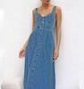 2026 Summer Women's Blue Denim Strappy Single-breasted Mid-length Dress
