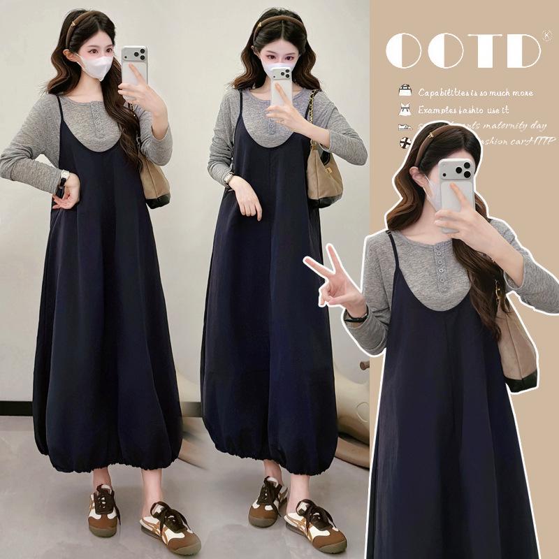 2026 Spring Maternity French Two-Piece: Long-Sleeve Base Top + Strappy Bud Skirt M