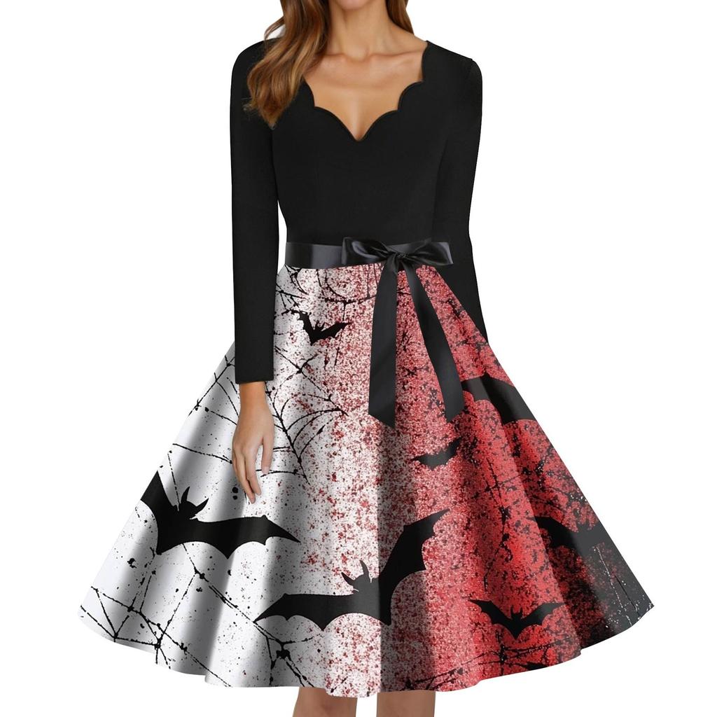 Women's Fashion V-Neck Casual Slim Fit Halloween Printed Long Sleeve Dress