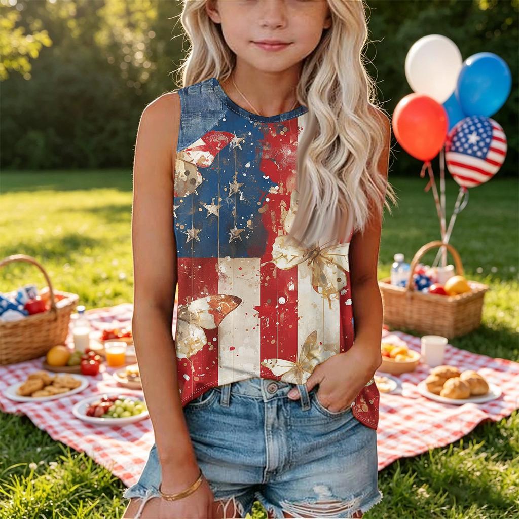 Sleeveless Loose Fit Tank Top for Women Round Neck Denim Print Star Pattern Casual Summer Shirt
