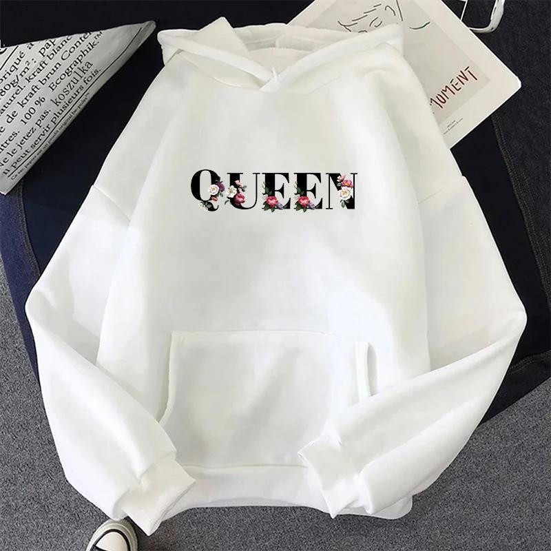 Women's Queen Sweatshirts High Quality Flower Letter Print Hooded Pullover Female Urban Casual Fashion Hoodie