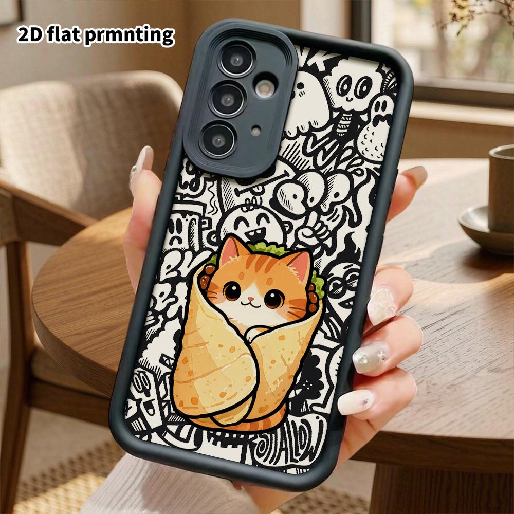 Phone Case: 2D Flat Samsung Galaxy A34 A35 M05 M06 S20 S22 S21 FE Plus 5G Protective Case, Rolled Pancake Orange Cat, Christmas and Halloween Gift