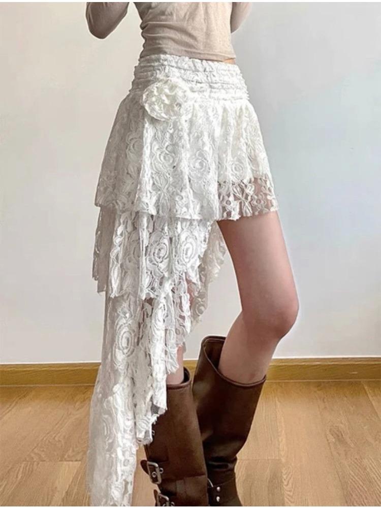 2024 Spring Lace Asymmetrical Skirt Fairycore Holiday Women Y2K Clothes High Waist Fashion Cute Mid Skirts Retro Aesthetic Lady