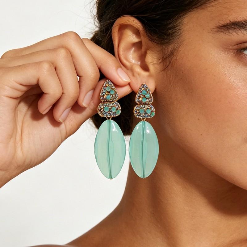 Geometric Layered Drop Earrings With Rhinestone Accents Bold Statement Jewelry Women Blue Green Pink Purple