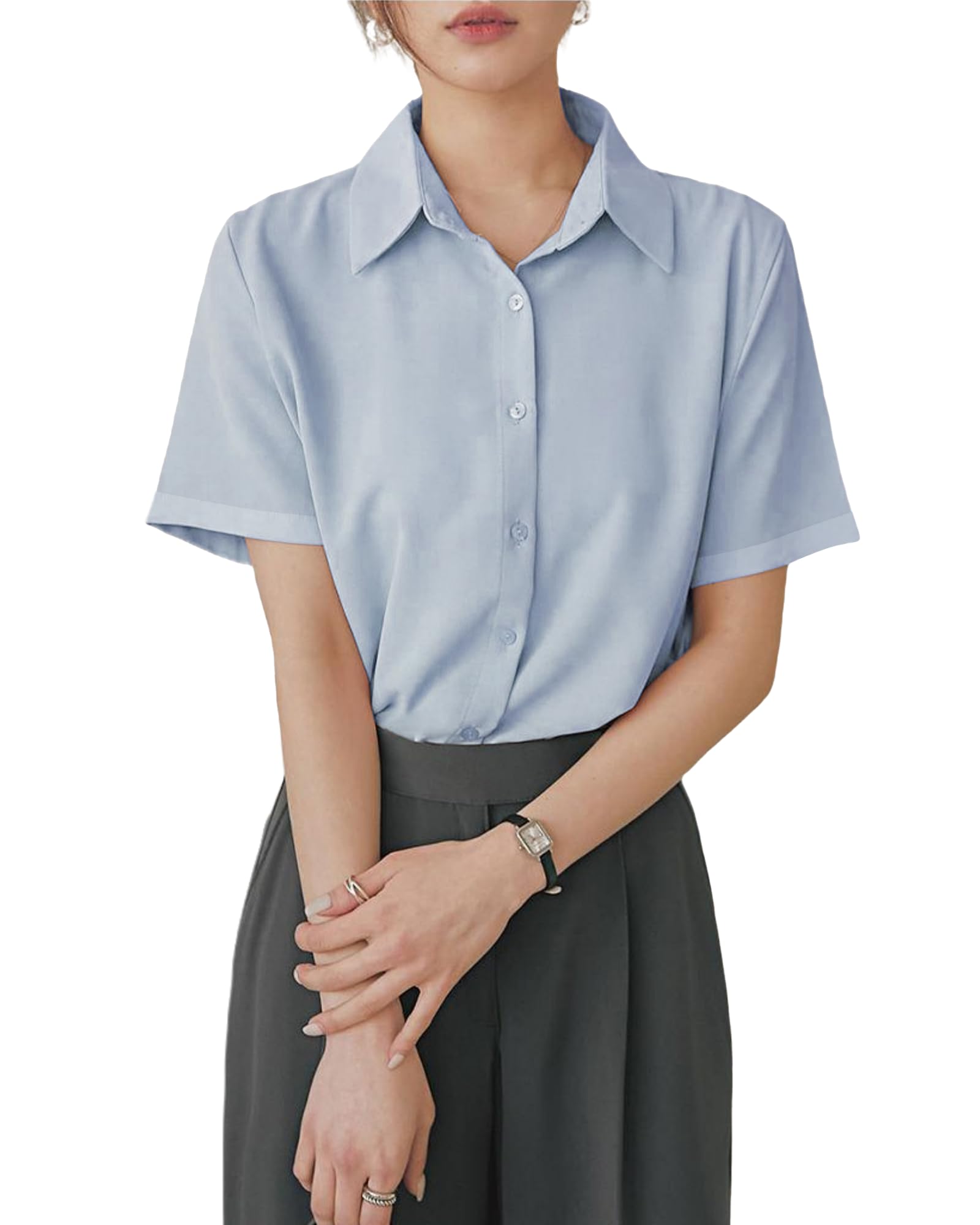 

офисный с воротником офис поездки [RCL] Женские рубашки, рубашки, непрозрачные, не мнущиеся, сохраняющие форму, повседневные, блузки, носить, лето, светло-синий