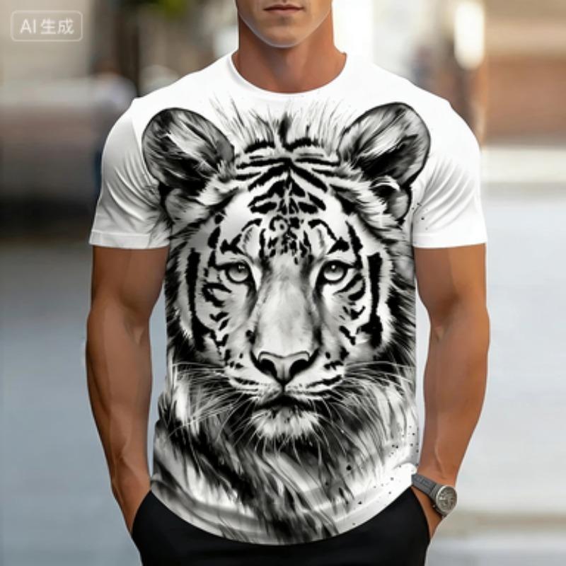 

2026 Black and White Tiger Pattern Men s Printed T-shirt Summer Casual Men s Beach Animal S