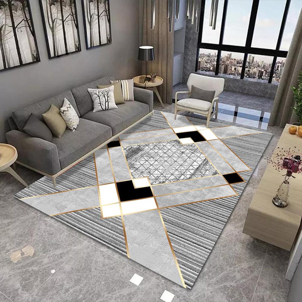 Modern Luxury Geometric Carpet With Gold Line Geometric Patchwork Marble Texture Non Slip Rug For Living Room Decor