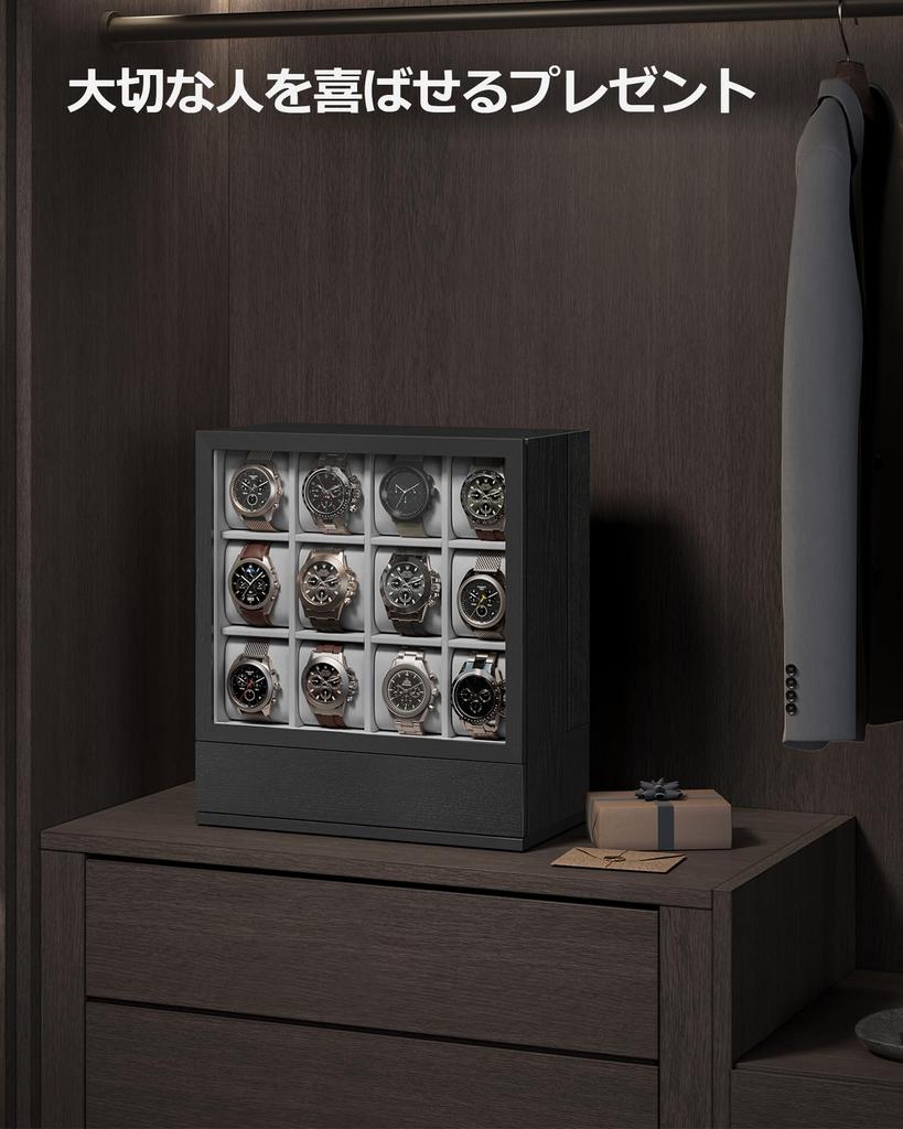 SONGMICS Uhrenhalter 12er Holz Vertikale Displaybox mit Klarem Stilvollem Tagesgeschenk für Männer und Geburtstag JOW014B01 Gehäuse, Uhren, Deckel, Platzsparend,