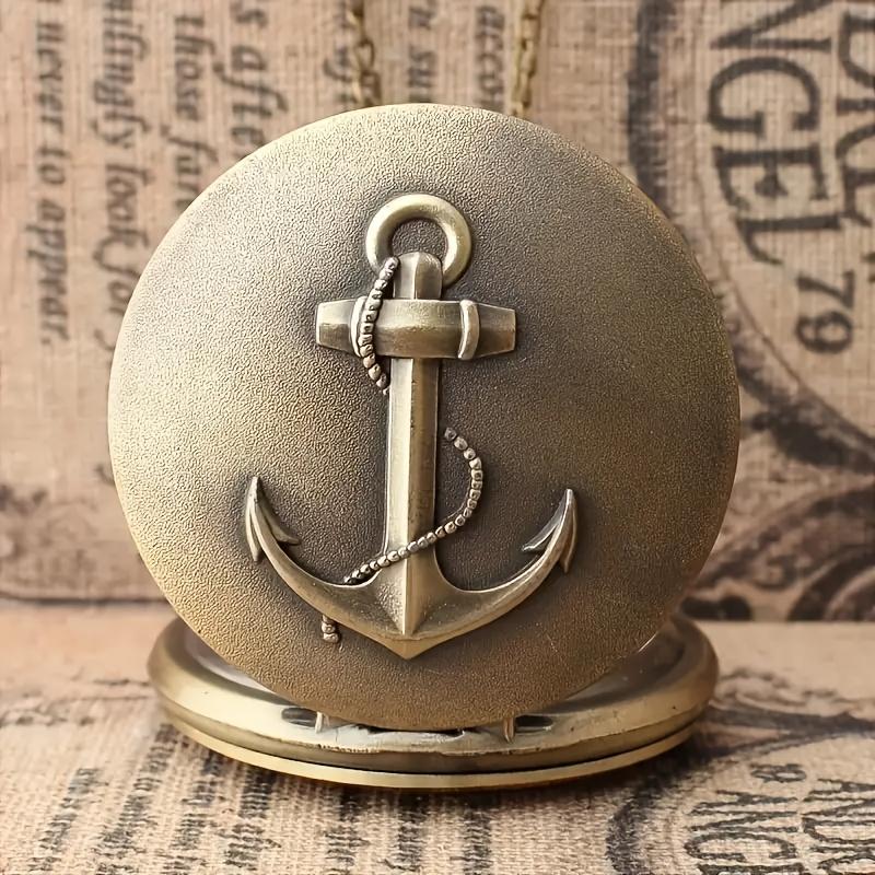 Flip Classic Retro Pocket Watch with Boat Anchor Relief Pattern, Large Quartz Pocket Watch, Roman Face Necklace