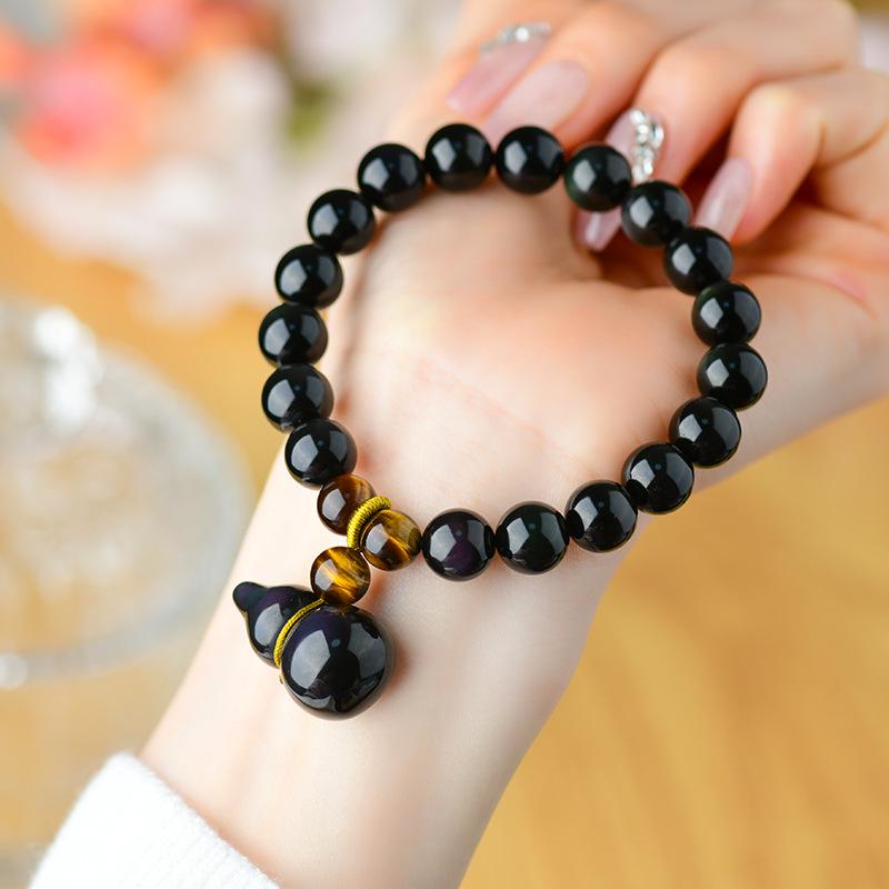 

Natural Obsidian Gourd Bracelet with Buddhist Beads - Unisex Jewelry 8mm
