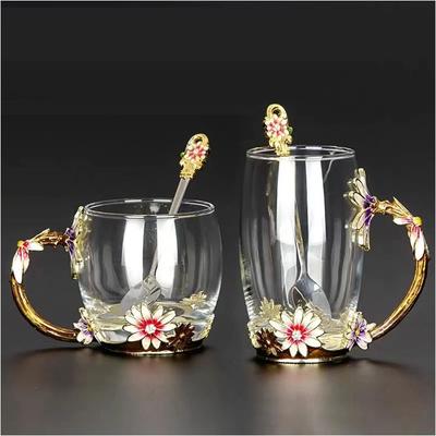 Elegant Tea Cup Plate Set Enamel Flower Transparent Glass Teacup Glass Coffee Mugs  Birthday