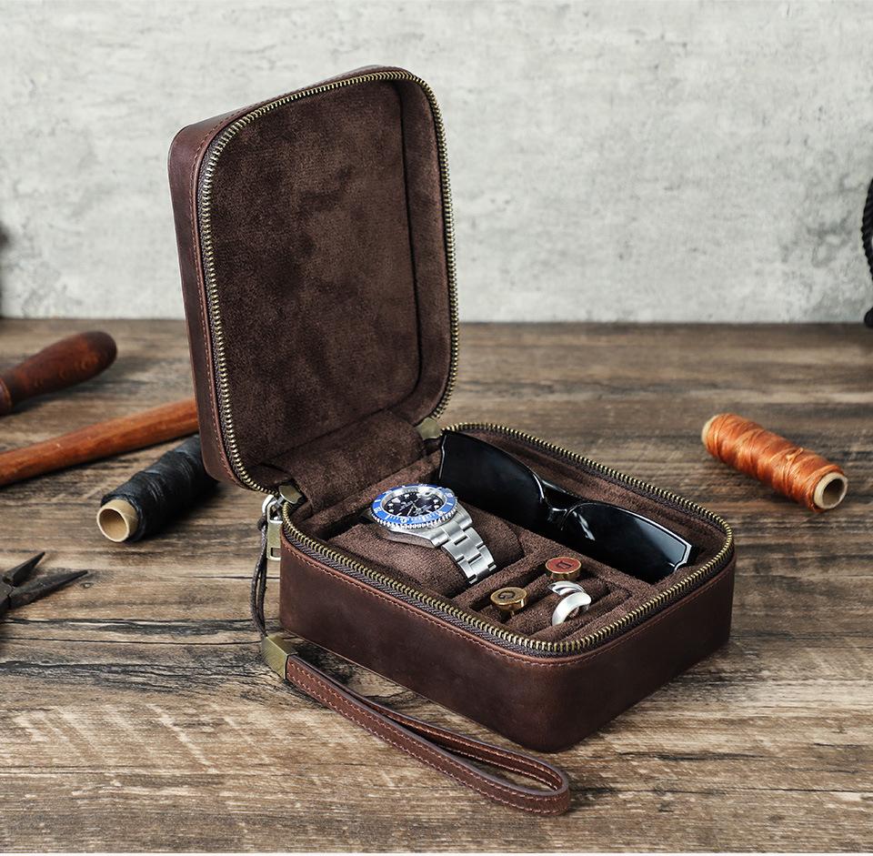 Retro Crazy Horse Genuine Leather Travel Storage Box for Glasses, Watches, and Jewelry - Drop-Proof and Multifunctional