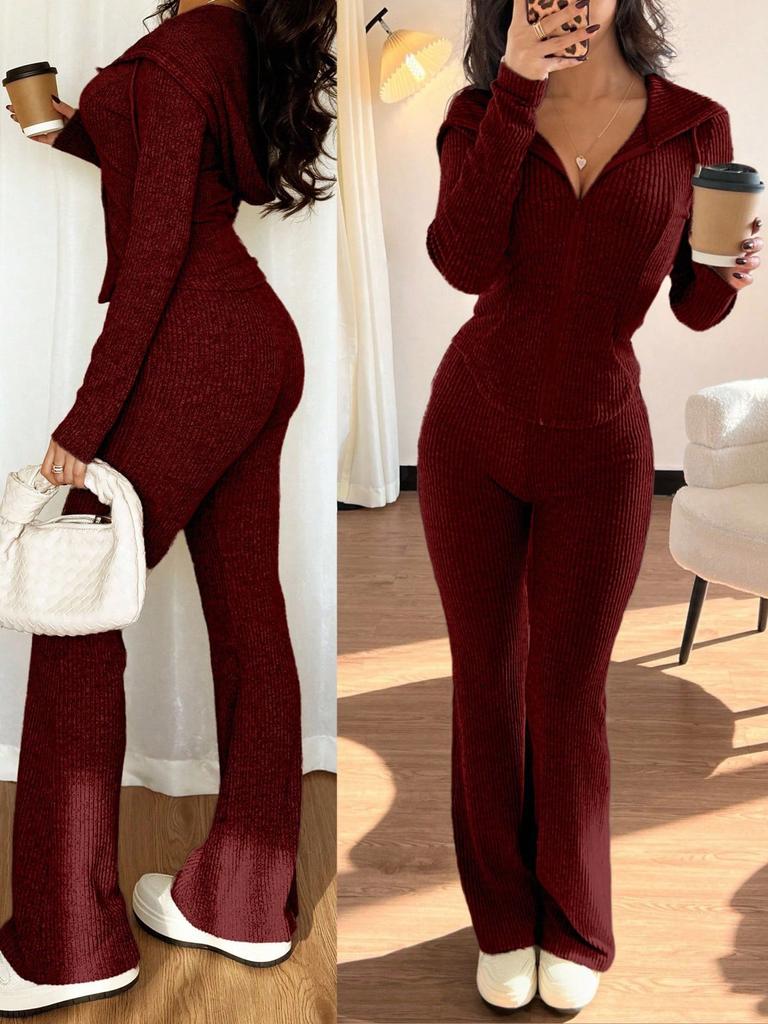 Women's Grey Hooded Zip Front Jumpsuit with Flare Leg