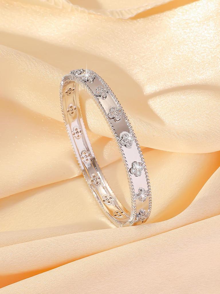 V Gold Four-Leaf Clover Narrow Flower Tube Bracelet - 18K Rose Gold Plated Kaleidoscope Design for Women
