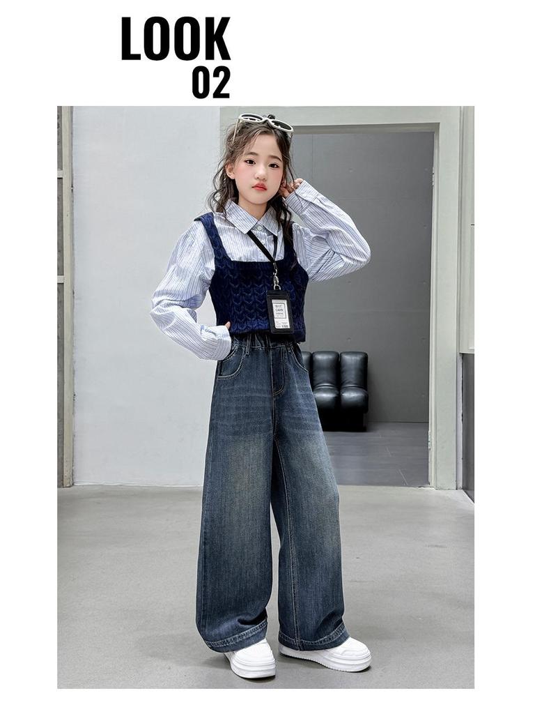 Girls' Stylish Wide-Leg Jeans with Pocket Embroidery - Autumn 2025 Collection