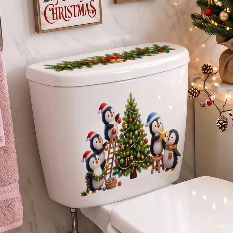 Penguin Hanging Colorful Balls Christmas Tree Toilet Sticker Self Adhesive Waterproof Bathroom Toilet Seat Cover Decal
