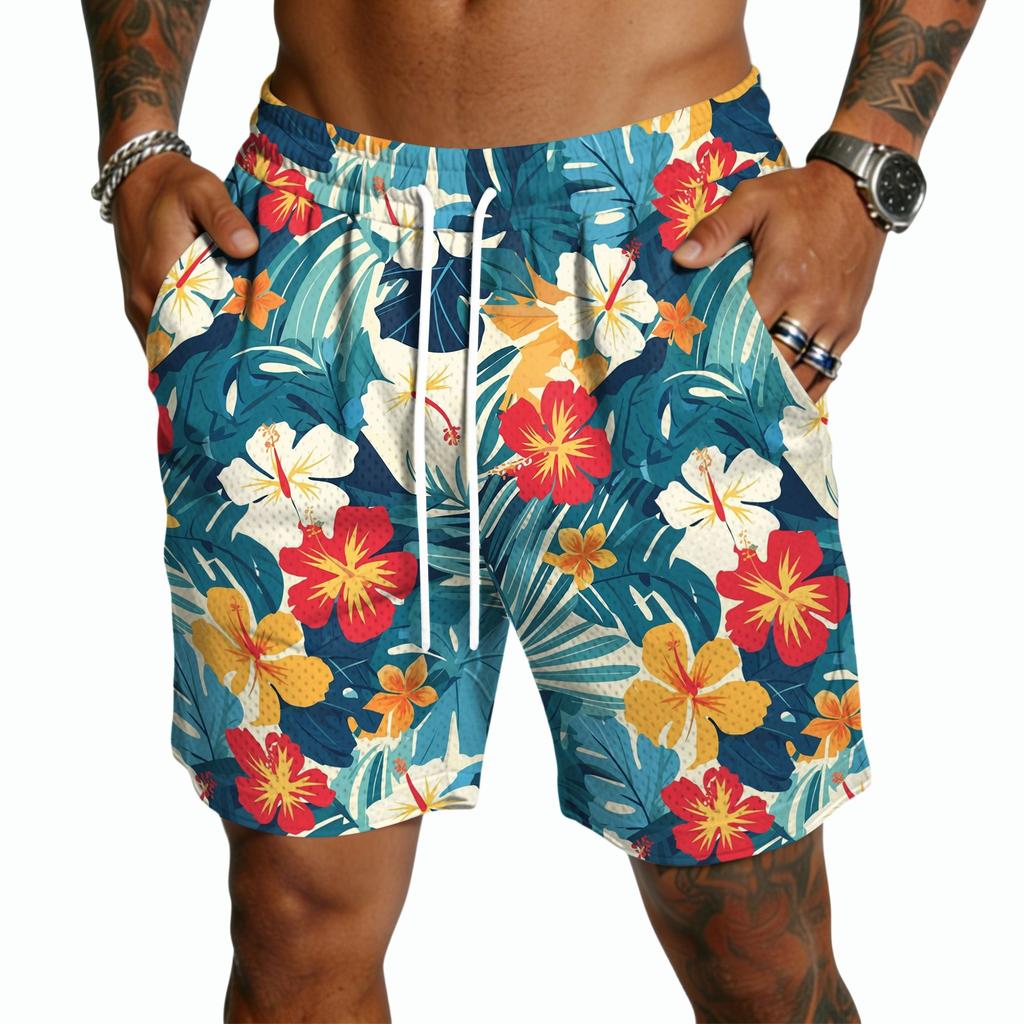Men Drawstring Casual Shorts Lightweight Quick Dry Five Inch Inseam Relaxed Fit with Hawaiian Print for Daily Wear Beach Sports