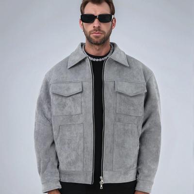 Herren Modische Reißverschlussjacke aus Wildleder-Samt mit großen Taschen - Lässiges Revers-Design für Frühling und Herbst