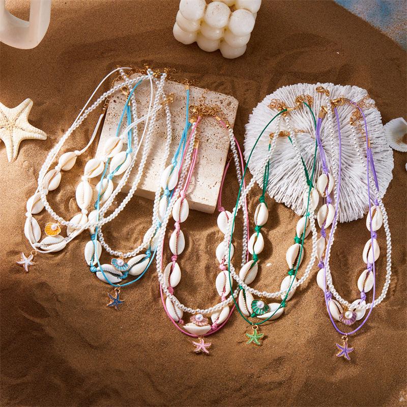 Bohemian Handmade Braided Beaded Seashell Starfish Pendant Clavicle Chain Necklace Women Beach Vacation Jewelry Accessories