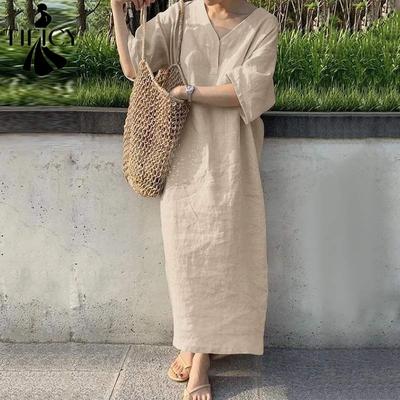 Women's Fashion Summer Spring Solid Color Print 1/2 Sleeves V-Neck Loose Waistline Casual Dresses