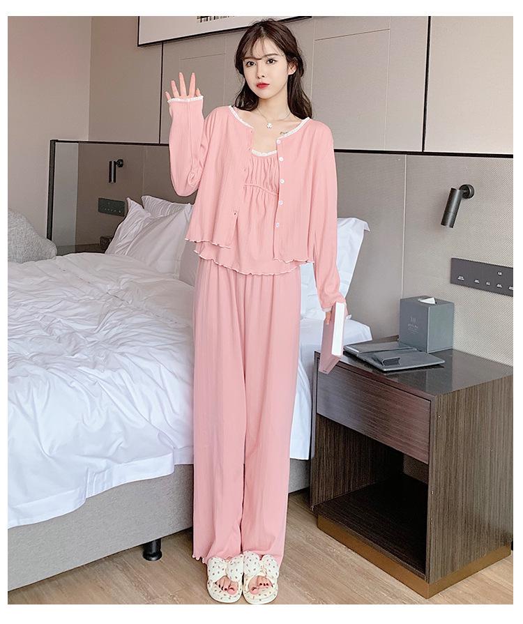 Pure Desire Women's 3-Piece Pajama Set: Long Sleeve, Spring/Autumn Cotton, Padded Camisole, Sexy Homewear
