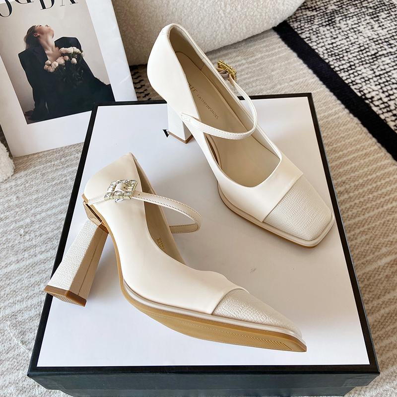 Spring New Coarse Heel Shoes Women Fashion Square Head Shallow Mouth Embossed Rhinestone Buckle Line Belt High Heels