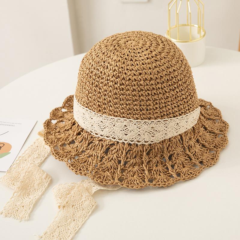 Women Summer Crochet Straw Hat Hollow Out Larger Brim Fashion Lace-UP Bucket UV Protect Foldable Beach Sun Cap