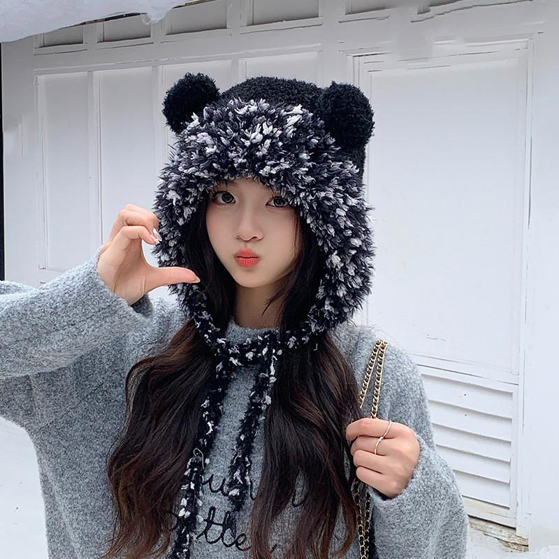 Cute Bear Knit Hat For Women With Warm Fleece Ear Protection Winter Casual Style чёрный