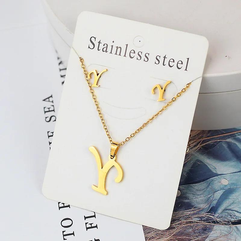 Stainless Steel Letter Necklace Bracelet Earring Zircon Set for Women Alphabet Pendant Necklace Party Gift
