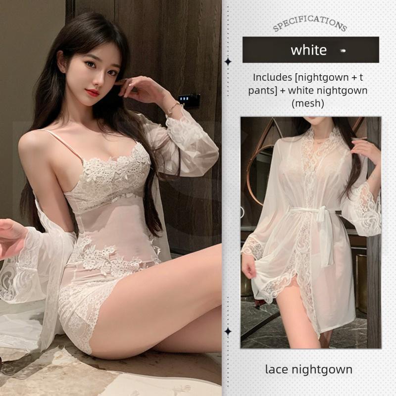 Women's White Sheer Lace Lingerie Dress Spaghetti Strap Bodycon Dress Floral Femme Elegant Desire