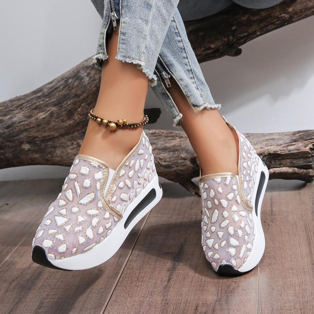Women's Korean Style Breathable Mesh White Slip-On Mid-Heel Platform Casual Shoes