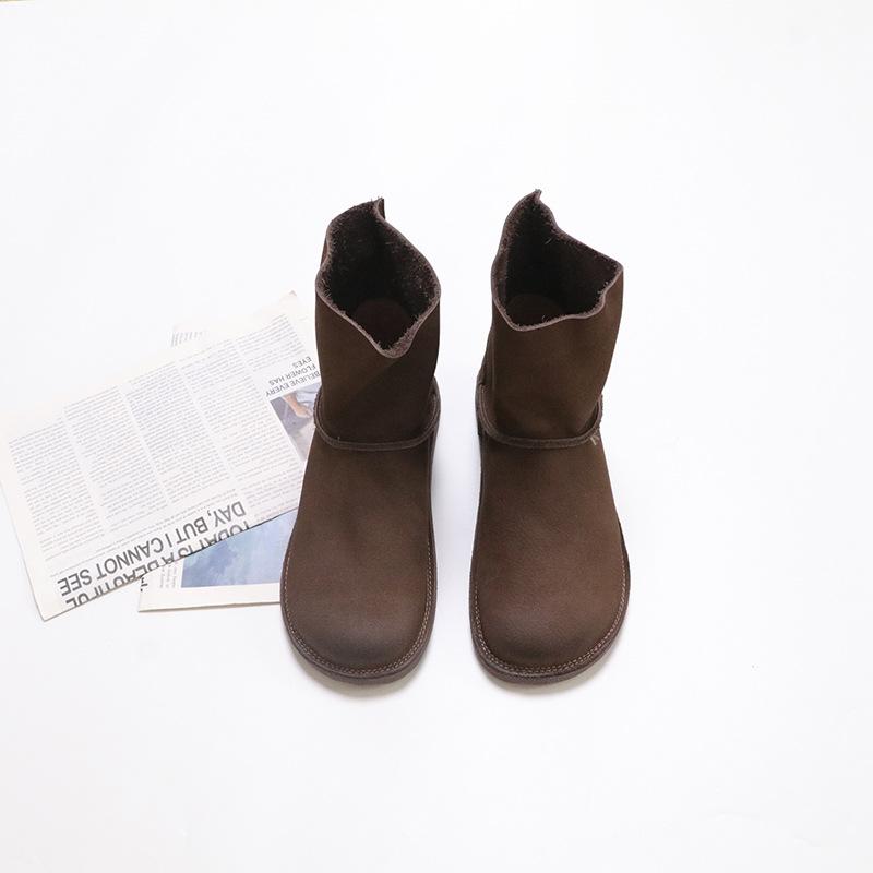 Johnature Vintage Handmade Genuine Leather Short Boots Solid Color Soft Cowhide Versatile Women Flat Boots
