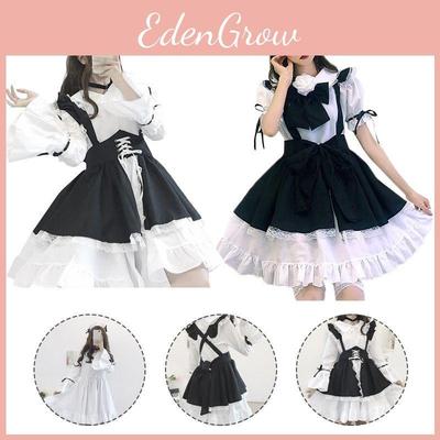 Charming Lolita Dress Maid Uniform Outfit With Bustle Apron And Headdress For Cosplay
