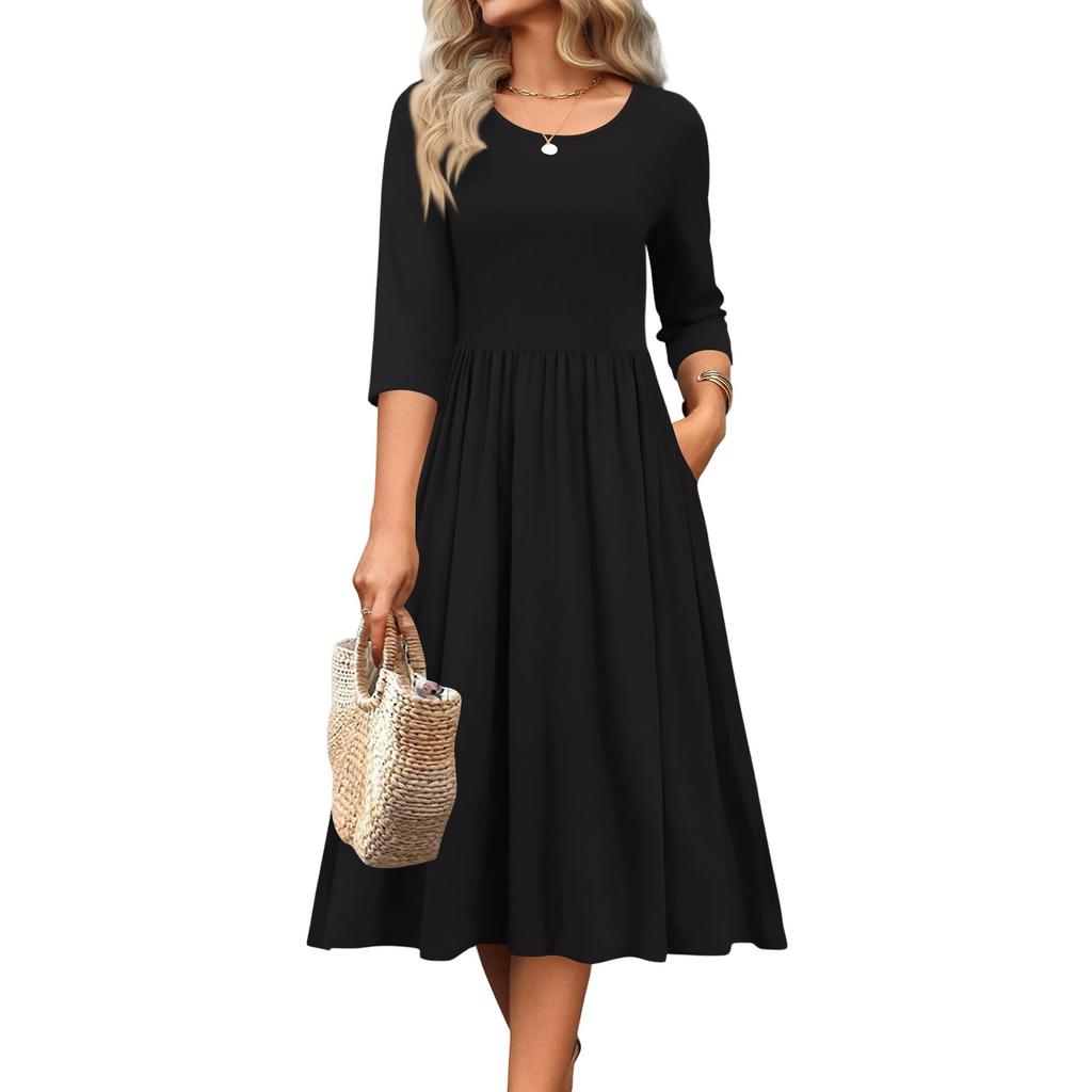 Dámské šaty s 3/4 rukávem, ležérní, splývavé, áčkového střihu, midi tričkové šaty s kapsami, kulatý výstřih, na dovolenou, boho, plážové letní šaty