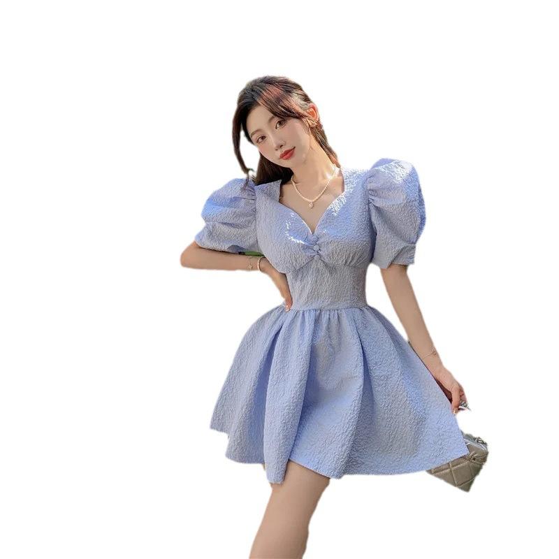 Summer New Sweet V-neck Waist Short Skirt Retro Lantern Sleeve Dress Women