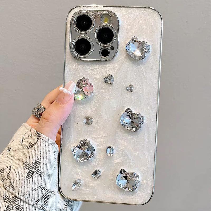 Electroplated Rhinestone KT Cat for Apple 15 Promax Luxury Female Mobile Phone Case for Apple 17 Drop Glue 16 Anti-fall