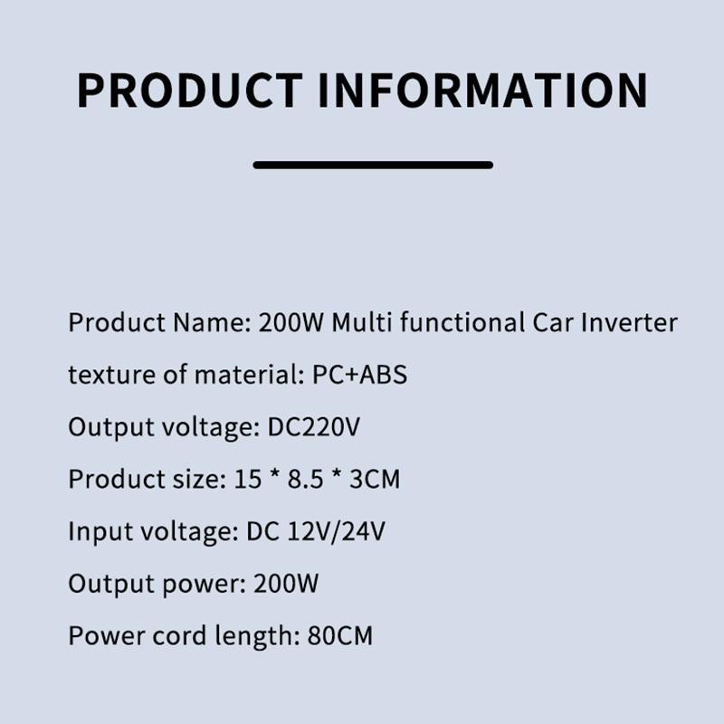 Car Inverter Power Adapter 12V/24V To Dc220V 200W Converter Multi Charger Socket Qc3.0 Usb Pd Type-C Fast Charging Car Inverter