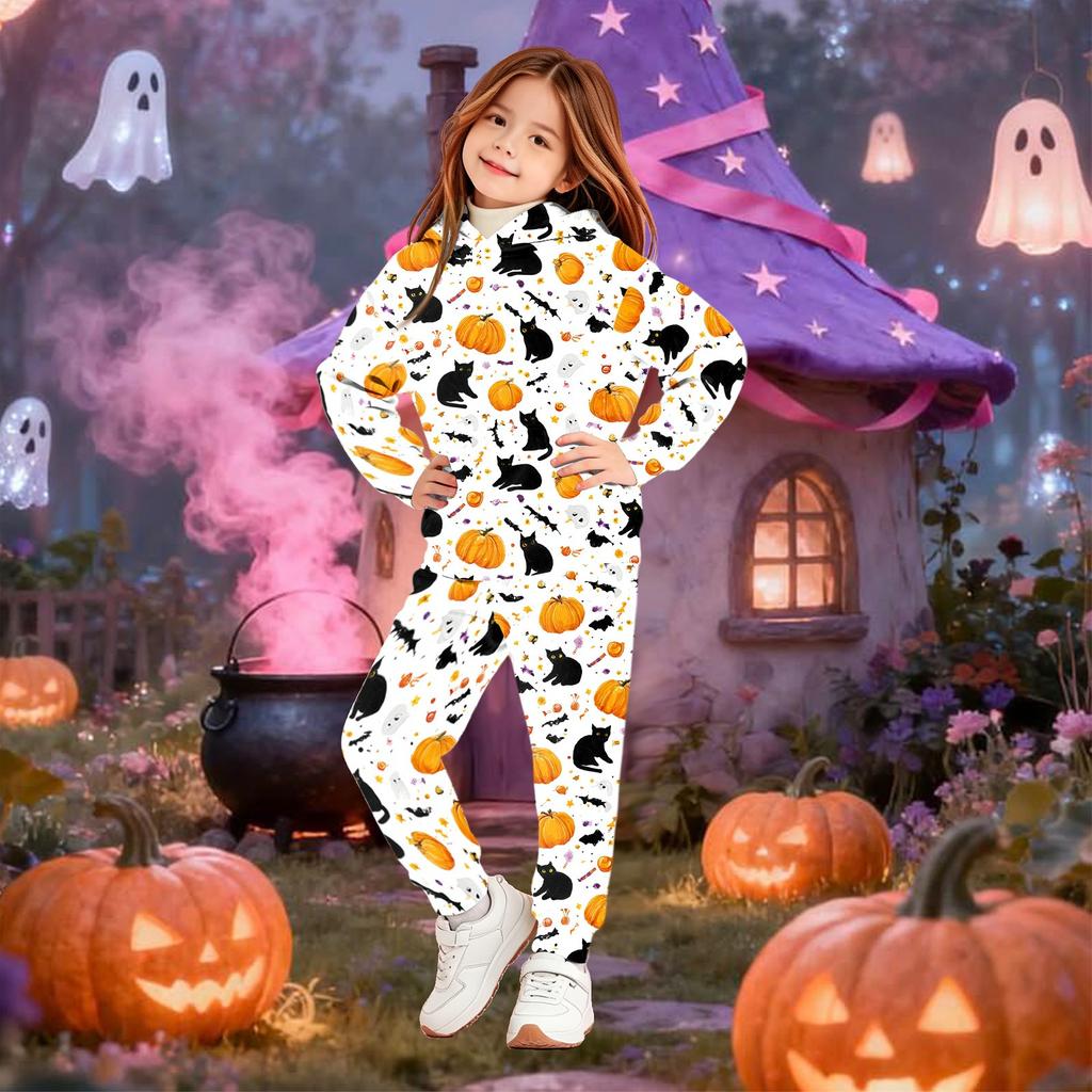 Kids' Hooded Sweatshirt Set with Halloween Print Pullover Top and Matching Pants for Boys Girls
